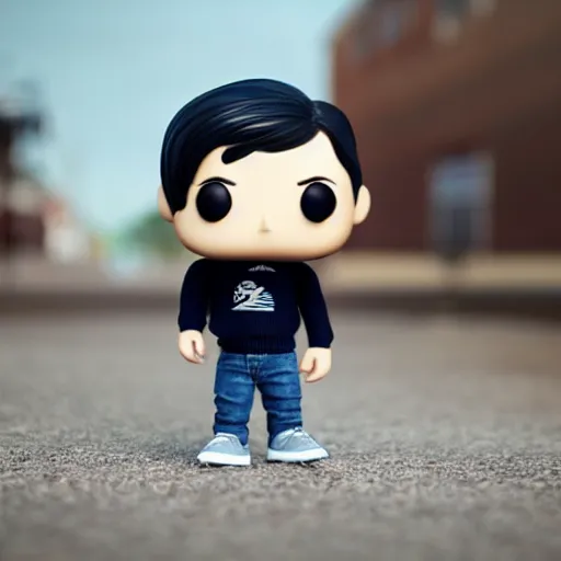 Prompt: a 21 year old skinny white programmer guy with no beard and black hair on top, short on sides, in a navy blue sweater, jeans and grey new balance shoes funko pop close up highly detailed photo