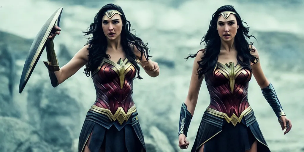 Prompt: action shoots of gal gadot portraying Kaisa in League of legends movie, multiple angles, cinematic, imax, 4K