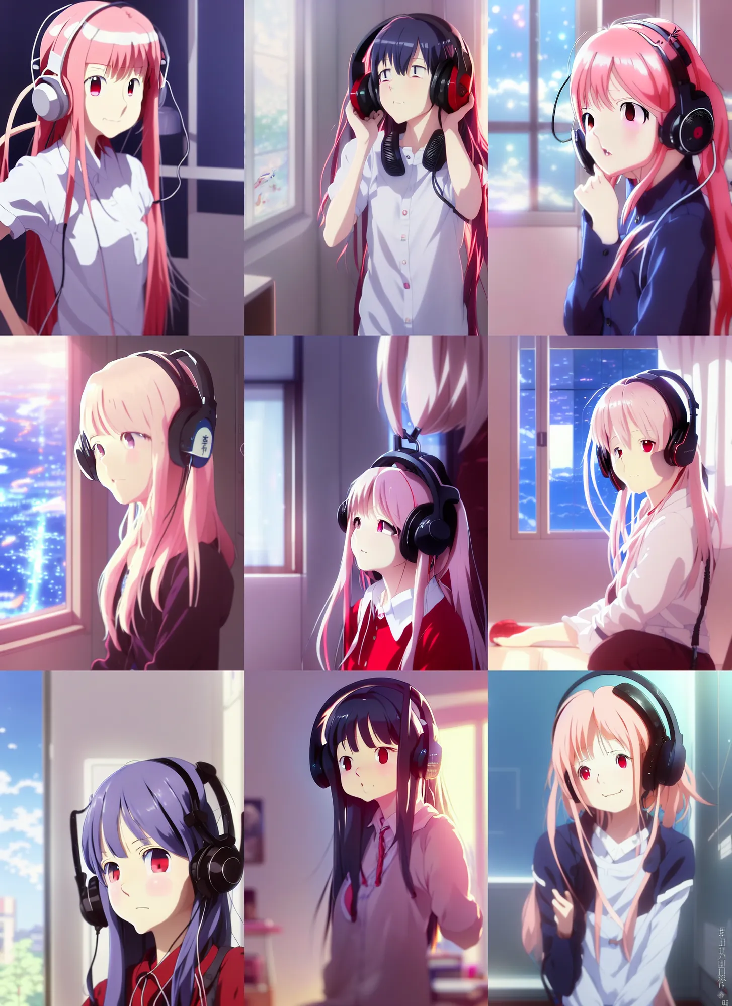 Prompt: high quality anime film portrait of a cute ( ( red eyed girl!! ) ) with ( ( long white hair!! ) ) wearing a headset in her room interior. art by makoto shinkai, takashi takeuchi, akihiko yoshida,, pixiv, danbooru, headshot, cute face by ilya kuvshinov, manga