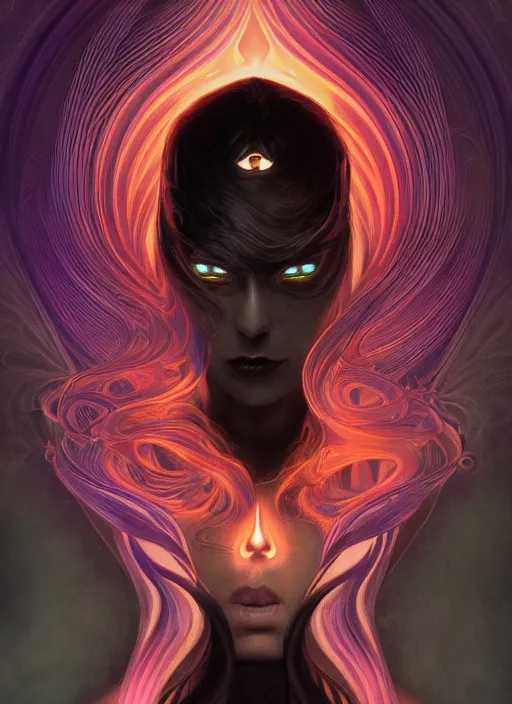 Image similar to book cover, front portrait, dark witch with black hood and evil eyes, realism, soft, smooth, luminescent, art nouveau tarot, backlit glow, colorful swirly ripples, gaudy colors, aesthetic octane render, unreal engine, 8 k, by artgerm, greg rutkowski, alphonse mucha