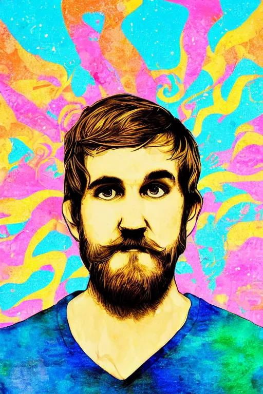 Prompt: inspirational style hope poster of bo burnham with beard, psychedelic colors, highly detailed, realistic, loving, beautiful composition