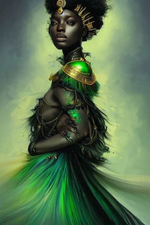 Image similar to portrait of a black princess warrior , fantasy, gradient black green gold, dreamy and ethereal, green eyes, golden ratio, peaceful expression, ornate frilly dress, fantasy, intricate, elegant, rainbow splash of ink, highly detailed, digital painting, artstation, concept art, smooth,b sharp focus, illustration, art by artgerm and greg rutkowski and alphonse mucha