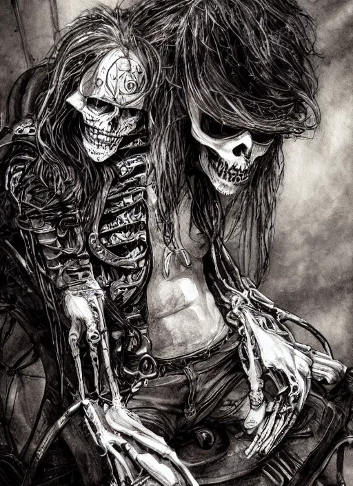 Image similar to portrait, A long haired biker skeleton in a wheelchair, watercolor, dramatic lighting, cinematic, establishing shot, extremely high detail, foto realistic, cinematic lighting, pen and ink, intricate line drawings, by Yoshitaka Amano, Ruan Jia, Kentaro Miura, Artgerm, post processed, concept art, artstation, matte painting, style by eddie mendoza, raphael lacoste, alex ross