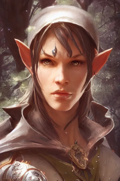 Image similar to dungeons and dragons elf cleric character closeup portrait, dramatic light, epic forest background, 2 0 0 mm focal length, painted by stanley lau, painted by greg rutkowski, painted by stanley artgerm, digital art, trending on artstation