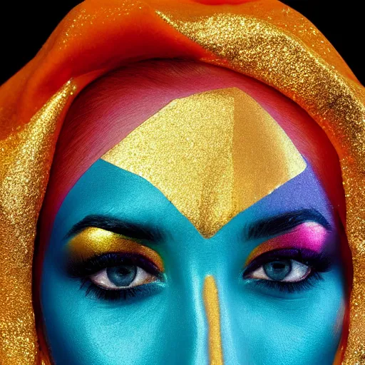 Image similar to Woman with colored face, standing in gold foil, her face in discs, she has a diamond eye, orange lips photorealism