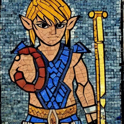 Prompt: ancient greek mosaic of young link from zelda looking like arnold schwarzenegger holding a big sword