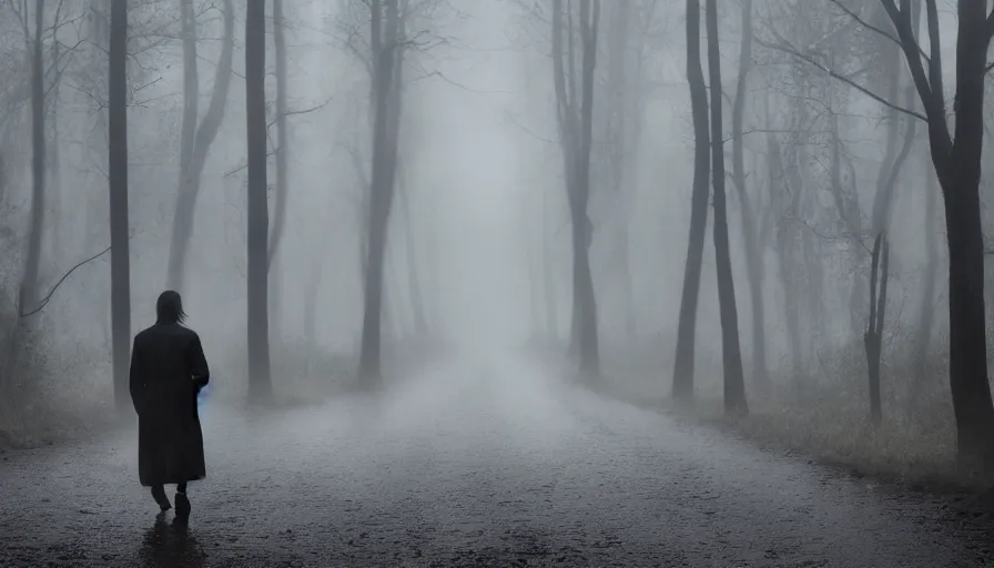 Prompt: Man in black trench coat with long hair walking on a muddy road in a middle of a dark forest, grey sky, light fog, raining, hyperdetailed, artstation, cgsociety, 8k