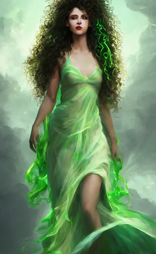 Image similar to a young woman with wild, curly hair and bright green eyes. she's wearing a flowing dress made of light, airy fabric and she has a mischievous look on her face, dynamic lighting, photorealistic fantasy concept art, trending on art station, stunning visuals, creative, cinematic, ultra detailed