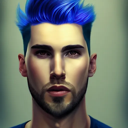 Image similar to portrait of a man with blue undercut hair,a sharp jawline,art by trevor henderson,digital art,highly detailed,photorealistic,deviantart,artstation,professional lighting,cinematic,dramatic