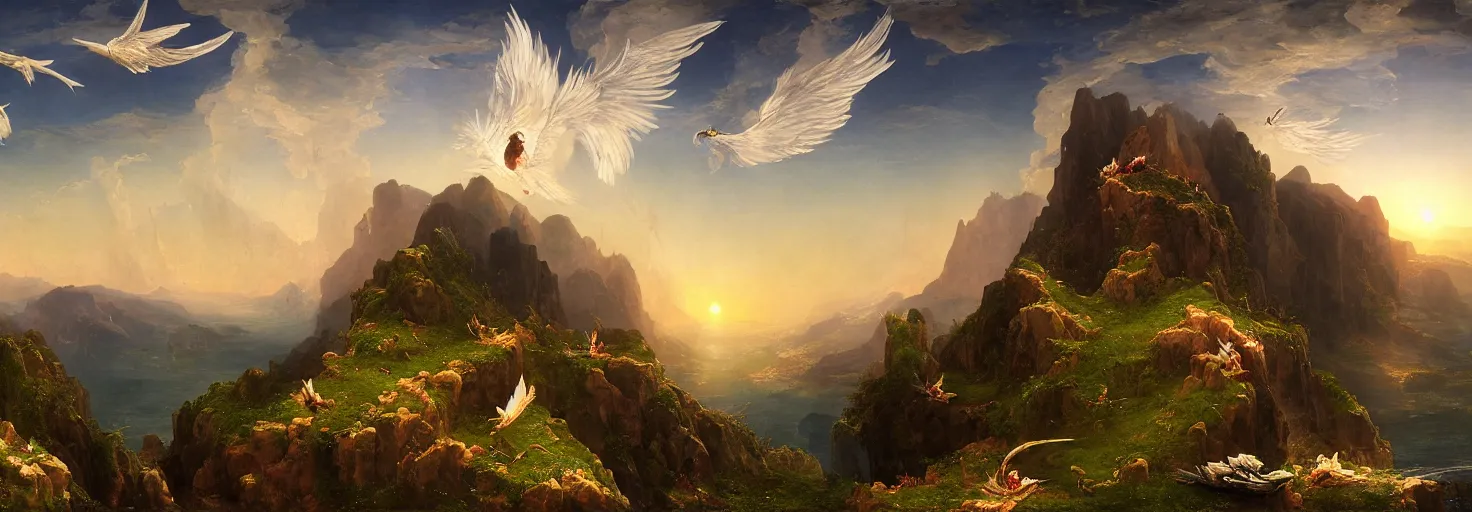 Prompt: Icarus with his wings on fire crashed and burned on the side of a mountain while Daedalus bows his head in disbelief from his workshop in the mountains below. in the style of a surreal and awe-inspiring thomas cole and albert Bierstadt digital art panorama landscape painting at sunset. unreal engine, 4k, matte, exquisite detail