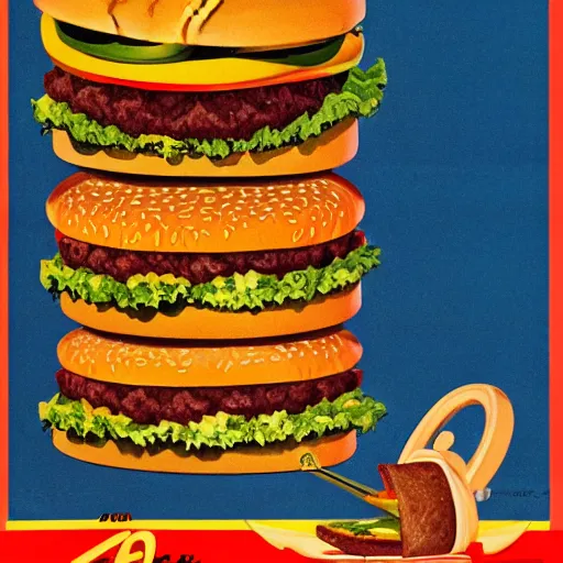 Image similar to cheeseburger, advertising illustrations from the 4 0's and 5 0's style, magazine, high quality, 4 k, 8 k, detailed, vintage