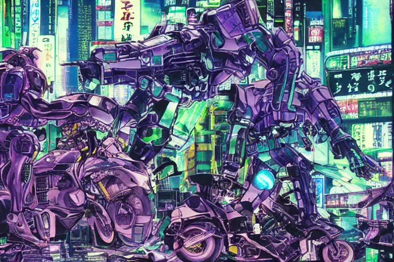Prompt: mecha fighting against young biker in neo tokyo, very detailed, cyberpunk, akira anime, artwork, violet green magenta details, art by katsuhiro otomo