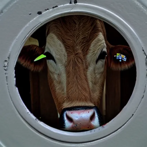 Prompt: creepy picture of cow, viewed through the peephole