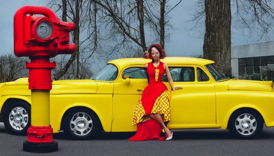 Prompt: a picture of a yellow-car parked next to a red-hydrant with a woman in a yellow-dress sitting on the hood, BEUTIFUL!, surreal, in style of artgerm, norman rockwell, Edward Hopper