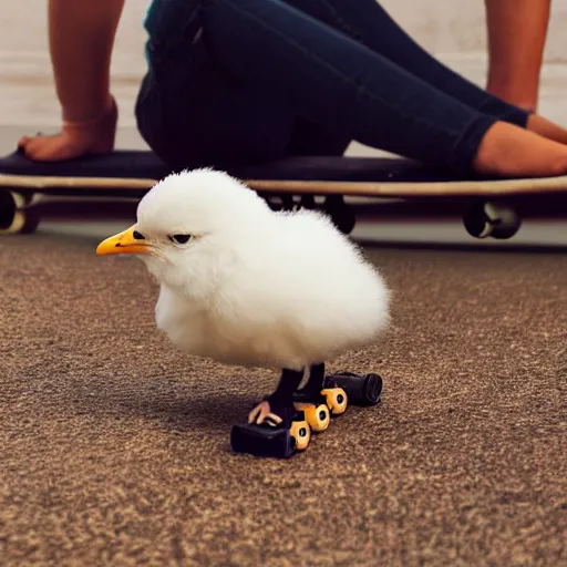 Image similar to fluffy chick looking at the camera, on a skateboard with the nose up, on floor with tiles, photorealistic