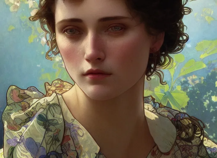 Prompt: Claire Elizabeth Cottrill wearing vintage hawaiian rayon shirt, rule of thirds, accurately portrayed, portrait art by alphonse mucha and greg rutkowski, highly detailed, digital painting, concept art, illustration, ethereal lighting with twilight rays of sunlight, trending on artstation, very detailed, smooth, sharp focus, octane render, close up