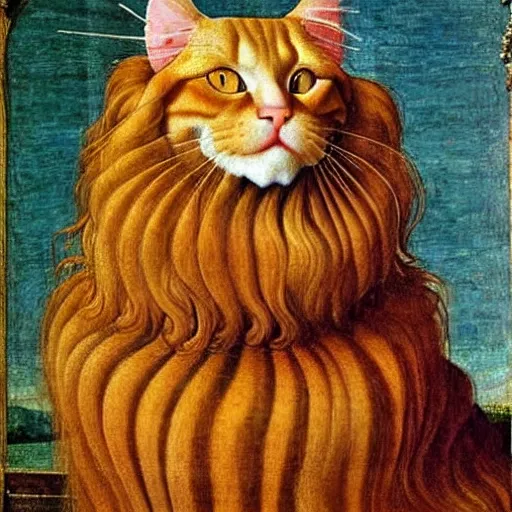 Image similar to beautiful renaissance painting portrait of ginger maine coon with white beard by sandro botticelli, jan van eyck, tiziano vecelli, piero della francesca