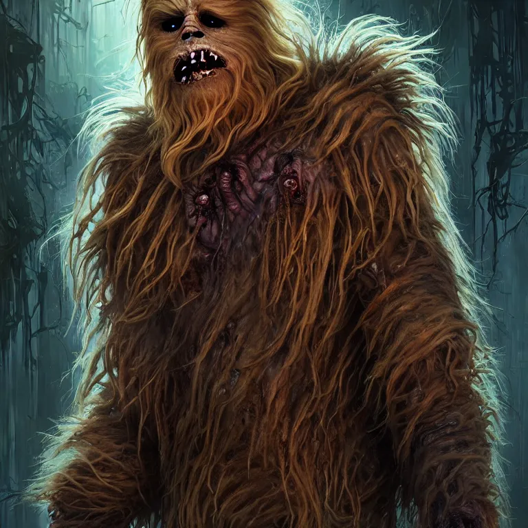 Image similar to scary horrific zombie chewbacca and rotting wookies, dark star wars fantasy, body horror, sores and scars, undead. highly detailed, biopunk, digital painting, by greg rutkowski, artgerm, giger and alphonse mucha