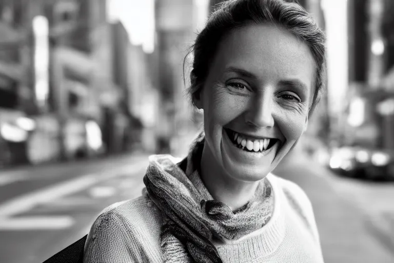 Prompt: still photo of a australian woman smiling at the camera on the street, black and white color aesthetic, highly detailed, photorealistic portrait, bright studio setting, studio lighting, crisp quality and light reflections, unreal engine 5 quality render