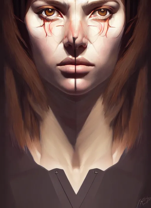 Image similar to hyper - realistic portrait of a female hunter, symmetrical face and body, symmetrical composition, dynamic wavy hair, detailed designs, digital painting, 4 k, by ilya kuvshinov, by greg rutkowski, atmospheric lighting