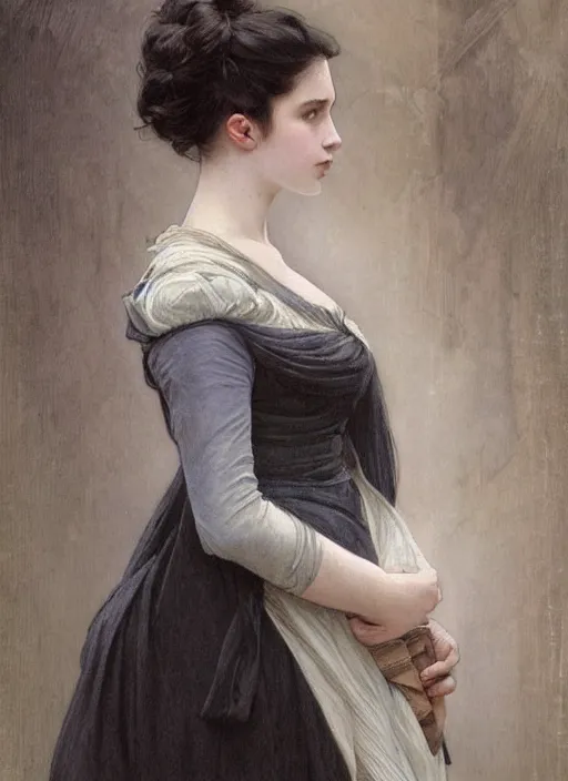 Prompt: a portrait of a 16 year old girl in 1800s style with pale skin and very short black hair wearing a cloak made of strips of grey fabric, By Artgerm and Greg Rutkowski and Alphonse Mucha