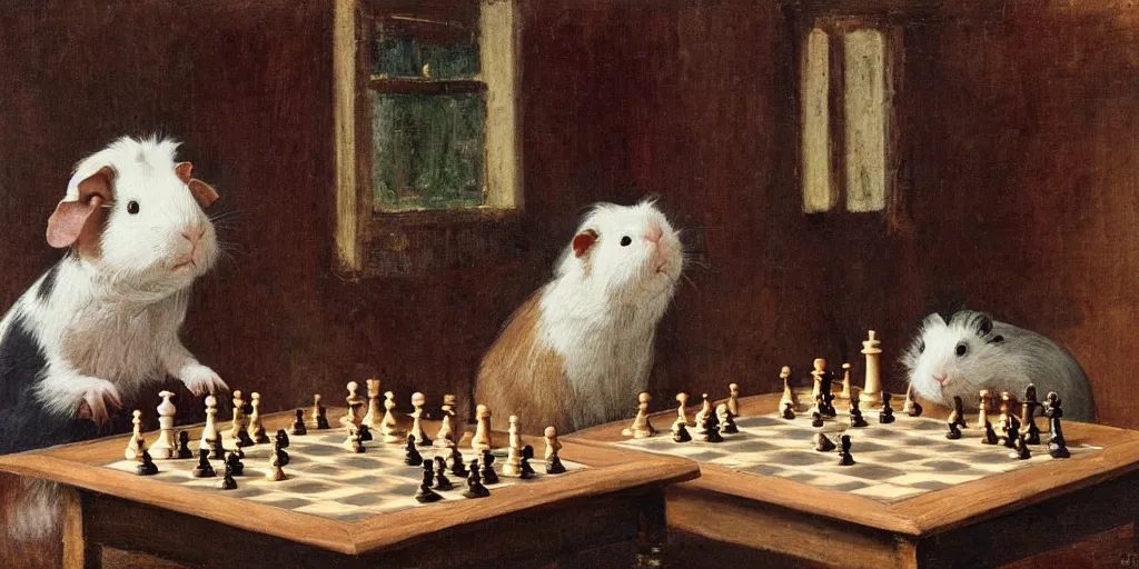 Prompt: a guinea pig playing chess inside a cozy victorian room, realistic oil paint