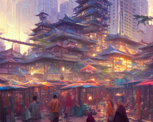 Image similar to colorful, bustling marketplace in a great kitsune city, bamboo, fountain, a fantasy digital painting by Greg Rutkowski and James Gurney, trending on Artstation, highly detailed