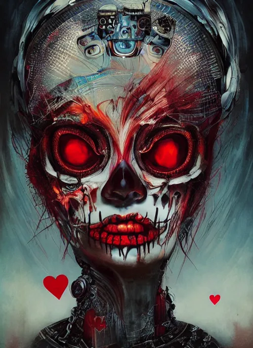 Image similar to queen of hearts, cyborg, skull, highly detailed, cinematic, 8 k, by megan duncanson, benjamin lacombe, adrian borda, stanley artgermm, tom bagshaw, craig mullins, carne griffiths, ayami kojima, beksinski, giger, trending on deviantart, hyper detailed, horror, full of colour