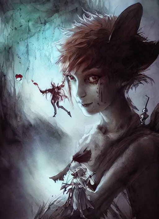 Image similar to portrait, undead peter pan with evil tinkerbell, watercolor, dramatic lighting, cinematic, establishing shot, extremly high detail, foto realistic, cinematic lighting, pen and ink, intricate line drawings, by Yoshitaka Amano, Ruan Jia, Kentaro Miura, Artgerm, post processed, concept art, artstation, matte painting, style by eddie mendoza, raphael lacoste, alex ross