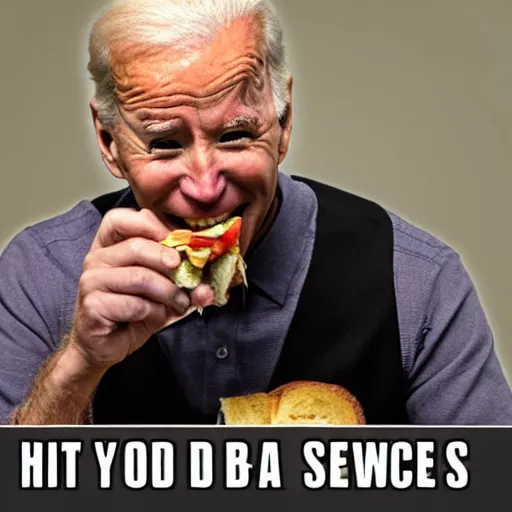 Image similar to meme of joe biden eating a sandwich, image macro, high res, realistic