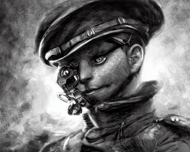 Prompt: A cat wearing soldier uniform in a world war 1 trench, close-up, black and white, amazing digital art, hyper detailed, artstation, in the style of Tony Sart