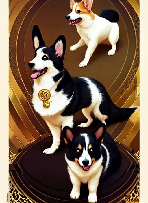 Image similar to ein the corgi playing with a tuxedo cat, fantasy, intricate, elegant, hyper detailed, ultra definition, photoreal, artstation, unreal engine rendered, concept art, smooth, sharp focus, illustration, art by artgerm and greg rutkowski and alphonse mucha and garis edelweiss