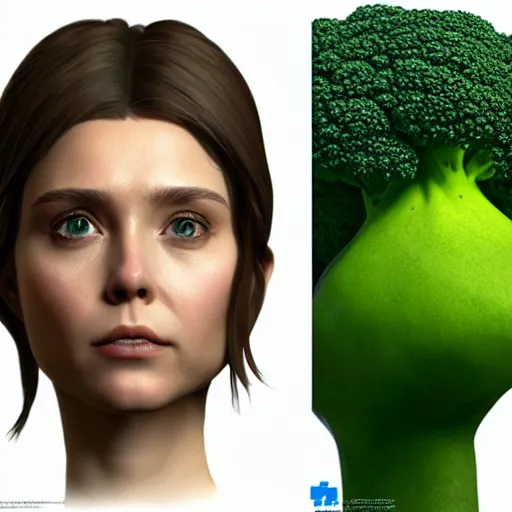 Image similar to [ broccoli ]!! has an elizabeth olsen face, trending on zbrush, unreal engine 5, cgsociety contest winner, intricate, detailed, 4 k quality, concept art