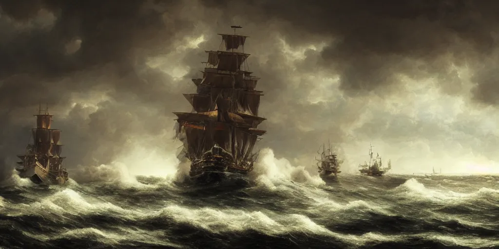 Image similar to Photorealistic,hyperdetailed hyper realistic close up shot rendering of sea battle with two galleons,dusk time,canon fire,explosions,full sails,smoke,Dark raging waters,dark stormy clouds by Greg Rutkowski,Jacques-Louis David,Beautiful dynamic dramatic very dark moody lighting,shadows,Cinematic Atmosphere,high surface and silhouette details,Octane Render,8k