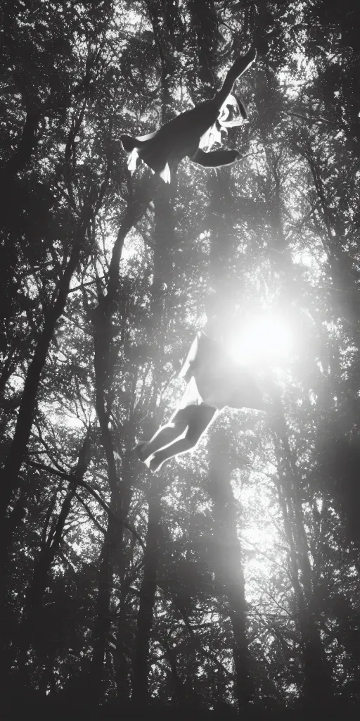 Image similar to old film photo of a young girl floating in the air in a forest, magical dark and spooky, flash photography, young face