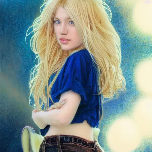 Prompt: A young woman with blonde long hair and bangs in shorts and white shirt drawn by Donato Giancola and Artgerm, face by Adam Hughes, Light by Julie Bell, design by alphonse mucha, background by James Jean and gustav klimt and John Marshall Gamble, 4k, volumetric lighting, french nouveau, trending on artstation, octane render, hyperrealistic