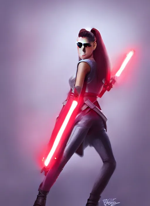 Image similar to Photo of Ariana Grande with a red lightsaber, Star Wars concept art, trending on artstation, dramatic lighting, photo-realistic