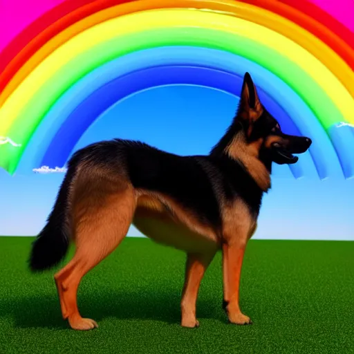 Prompt: 3 d model of a rainbow colored german shepherd, octane render, raytraced