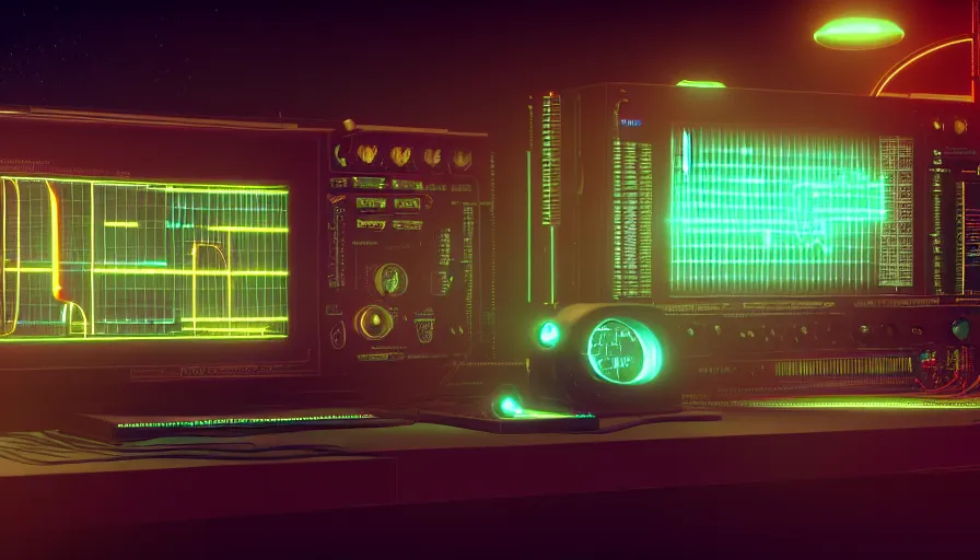 Image similar to retrofuturism old rct screen oscilloscope, old soviet machine, volumetric lighting, photorealistic rendering, artstation, redshift, octane, golden ratio