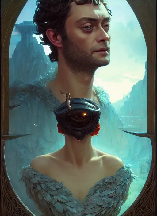 Image similar to highly detailed portrait of jude law as cleopatra unreal engine, fantasy art by greg rutkowski, loish, rhads, ferdinand knab, makoto shinkai and lois van baarle, ilya kuvshinov, rossdraws, tom bagshaw, alphonse mucha, global illumination, radiant light, detailed and intricate environment