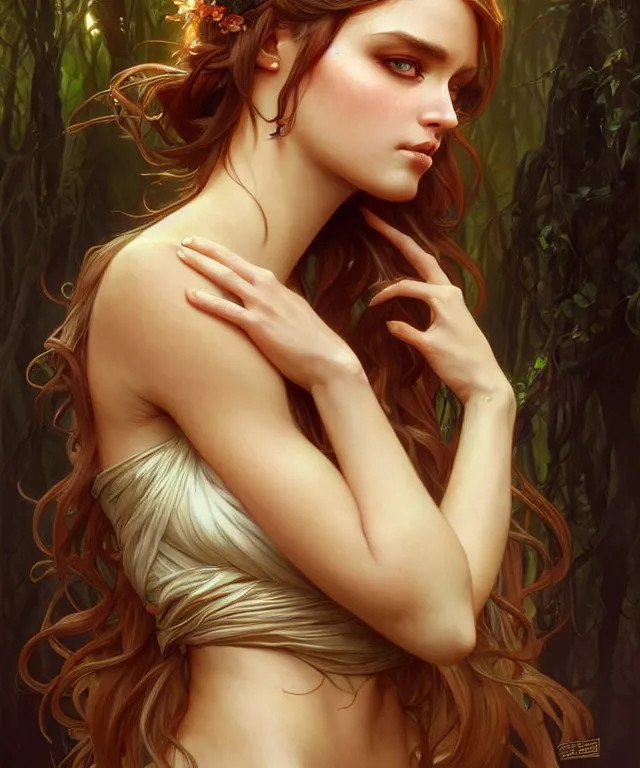 Image similar to Forest nymph woman portrait, amber eyes, face, long hair, fantasy, intricate, elegant, highly detailed, digital painting, artstation, concept art, smooth, sharp focus, illustration, art by artgerm and greg rutkowski and alphonse mucha