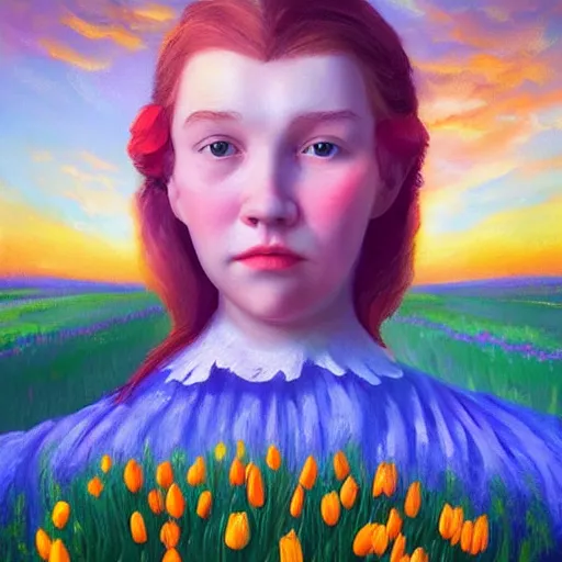 Image similar to giant tulip head dutch girl, surreal photography, flower field, sunset dramatic light, impressionist painting, colorful clouds, blue sky, digital painting, artstation, simon stalenhag