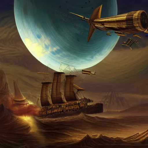 Prompt: A steampunk airship floating in front of a gas giant, by Kevin J. Anderson and Paul Witcover and William F. Wu and James Blish and Cory Doctorow and Neal Stephenson and Jules Verne and Mary Shelley, sharp focus, elegant, highly detailed, intricate, steampunk, beautiful, trending artstation, pixiv, digital art, golden ratio, very detailed