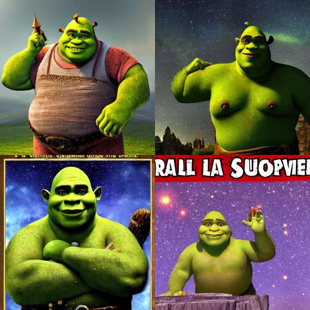 Prompt: a real life photo of Shrek as the great Celestial grandfather of the universe,detailed