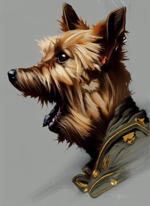 Image similar to norwich terrier as an soldier, backround dark, highly detailed, digital illustration, trending in artstation, modern painting, smooth, sharp focus, intricate, by peter mohrbacher