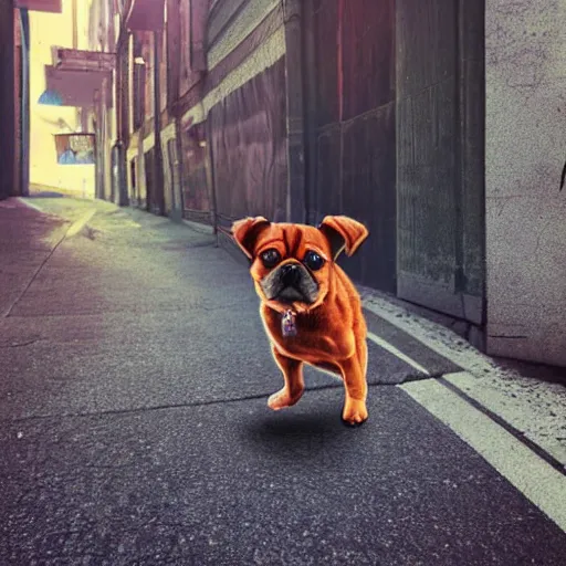 Prompt: isometric digital art, ultra realistic, puppy with a jetpack in a city alleyway, cinematic