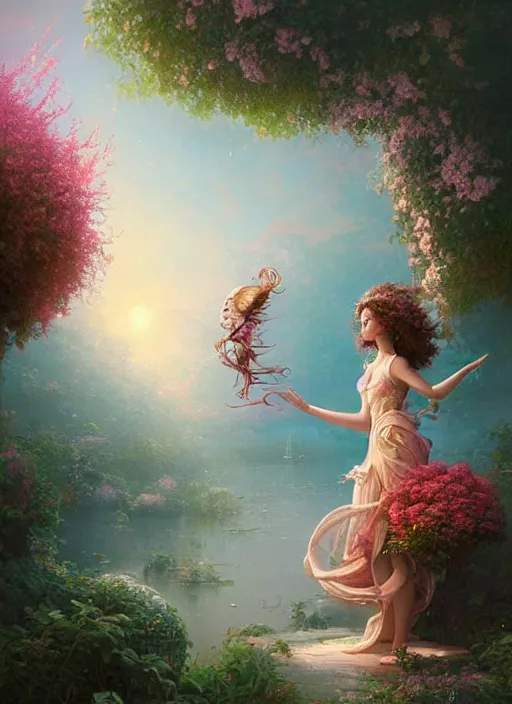 Prompt: a romantic scene of a young goddess in love with beautiful curly hair, flowers and birds, 3 d render, hyper realistic, digital painting, fantasy art, beeple, peter mohrbacher, thomas kinkade