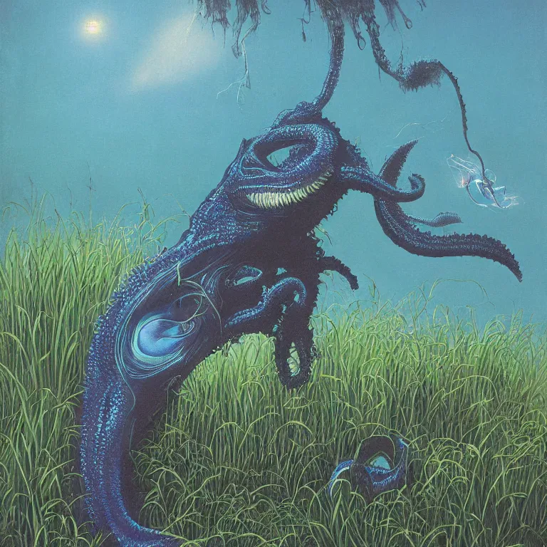 Prompt: Hyperrealistic intensely colored studio Photograph portrait of a deep sea bioluminescent Electric Kaiju Eel sitting in a lawn chair in its back yard, award-winning nature oil painting by Audubon and Zdzisław Beksiński vivid colors hyperrealism 8k