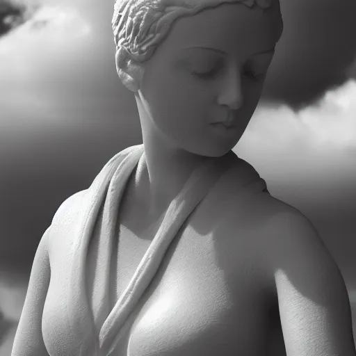 Prompt: ultra realist 3d render of a selection of a beautiful miniature fully dressed resin statue with diorama, symmetry accurate features, very intricate details, ominous sky, black and white, volumetric light clouds, unreal artstation