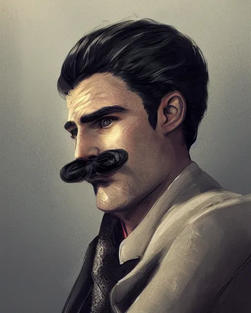 Image similar to a portrait of a male vintage thief with mustache by Cedric Peyravernay